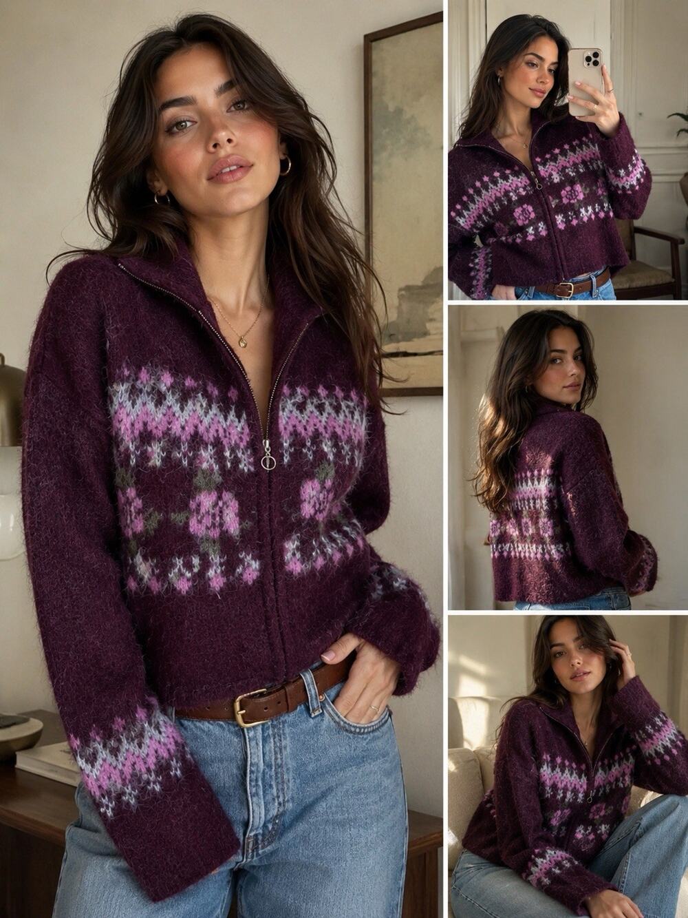 Wild Fable Burgundy Fair Isle Floral Zip-Up Cardigan – Size L – NWT
